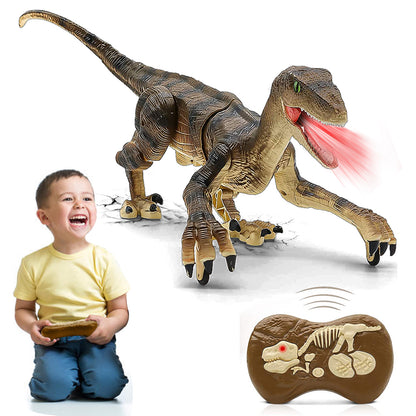 GROWMEMES Remote Control Dinosaur Toy - 2.4Ghz RC Pale Brown Velociraptor Toys, Dinosaur Robot for Kids, Led Lightup & Roaring & Walking Velociraptor Toys, Robot Dinosaur Toys for Kids 3+