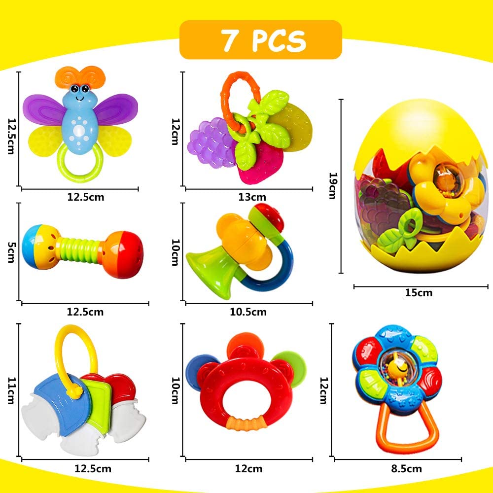 Baby Rattle Teethers Set Toys - 7 Pcs Newborn Baby Toys 0-6 Months Baby Sensory Toys with Storage Box Early Educational Toys for 3 6 9 12 Months Boys Girls Toddlers