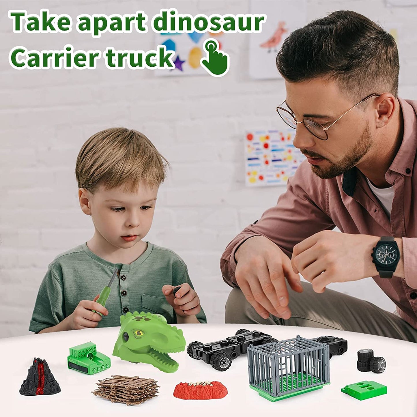 Dinosaur Truck Toy Transport Carrier for Kids with Play Mat, Lights, Sounds Realistic Dinosaurs, Take Apart Monster Dino Car Truck STEM Toys Christmas Birthday Gift for Boys Grils