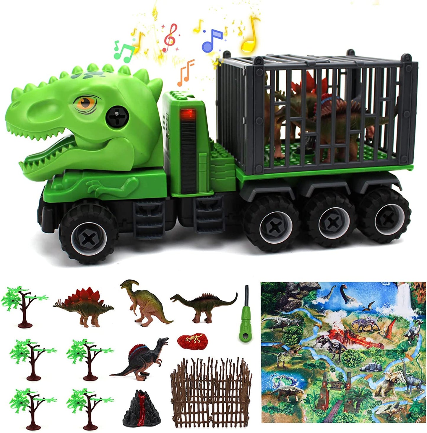Dinosaur Truck Toy Transport Carrier for Kids with Play Mat, Lights, Sounds Realistic Dinosaurs, Take Apart Monster Dino Car Truck STEM Toys Christmas Birthday Gift for Boys Grils