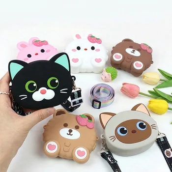 Custom Logo Kawaii 3D Cat Bear Rabbit Strawberry Silicone Coin Purse Crossbody Bag Earphone...