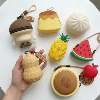 Custom Logo Kawaii 3D Fruit Food Peanut Mushroom Pineapple Silicone Coin Purse Keychain...