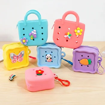 Custom Logo Kawaii DIY Hole Charms Square Mini Silicone Coin Purse Handbag Keychain...