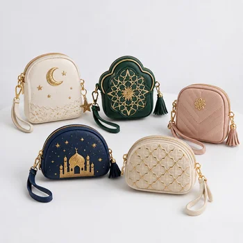 3D Islamic Crescent Silicone Coin Purse, Mosque Gold Embroidery Zipper Keychain, Tassel Bag...