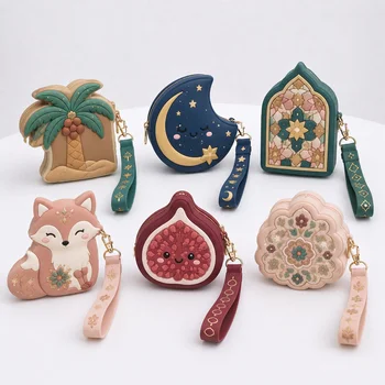 3D Cute Cartoon Kawaii Silicone Coin Purse Fox Crescent Moon Palm Tree Zipper Keychain Bag...