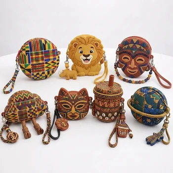 African Tribal Mask Lion Ethnic Print Silicone Coin Purse 3D Cartoon Keychain Earphone...