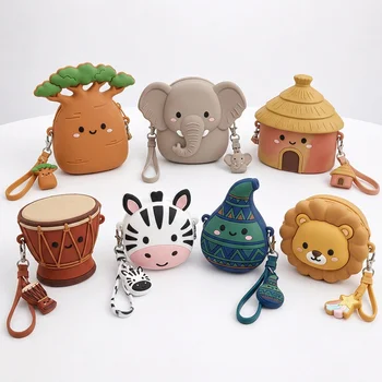 African Safari 3D Lion Zebra Elephant Baobab Drum Silicone Coin Purse Keychain Earphone...