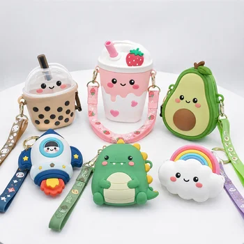 Custom Logo Kawaii 3D Dinosaur Avocado Bubble Tea Rocket Rainbow Silicone Coin Purse...