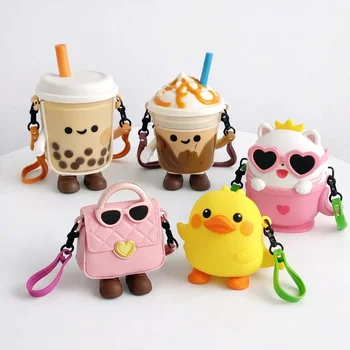 3D Kawaii Bubble Tea Duck Cat Mini Handbag Silicone Coin Purse Keychain Earphone Storage...