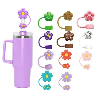 Silicone Houndstooth Cherry Blossom Straw Cap Topper Dust Plug Sleeve for 10mm Tumbler Food...
