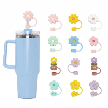 Silicone Flower Straw Cap 5/8 Petal Potted Flower Straw Topper Dust Plug Sleeve Food Grade...