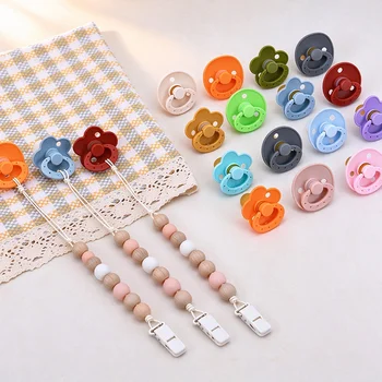 Multi Color Flower Shape and Round Shield Baby Pacifier Set with Wood Bead Silicone...
