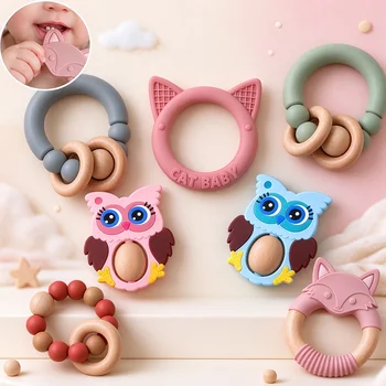 Baby Teether Infant Teether Teething Toy Teething Stick Silicone Teether Pink Owl Beech...