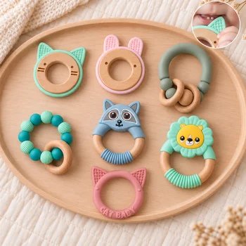 Baby Teether Infant Teether Teething Toy Teething Stick Silicone Teether Raccoon Beech Wood...
