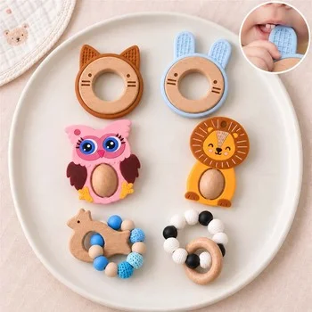 Baby Teether Infant Teether Teething Toy Teething Stick Teething Ring Animal Shape Beech...