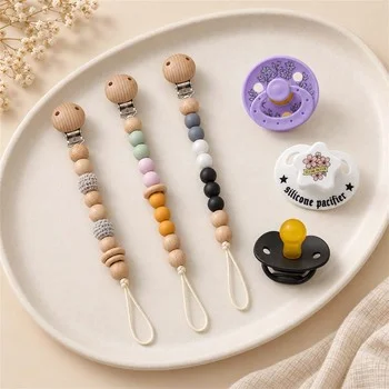 Wood Clip Silicone Bead Pacifier Chain with Baby Pacifier Set Natural Wood Beads Teething...