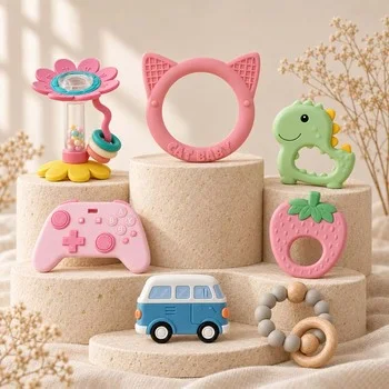 Silicone Baby Teether Cat Ear Ring Wood Bead Rattle Avocado Sushi Teething Toy Infant...