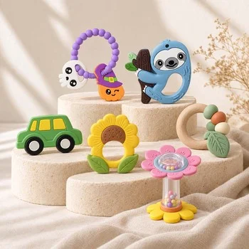 Baby Teether Set Silicone Lemon Sushi Pizza Llama Rattle Teething Toy Infant Teether Non...