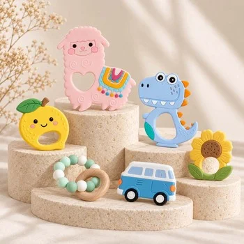 Animal Shape Baby Teether Set Crab Octopus Sloth Llama Dinosaur Teething Toy Infant Teether...
