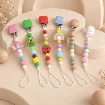 DIY Custom Beaded Silicone Pacifier Chain Wood Peach Bead Mix Mermaid Avocado Charms...