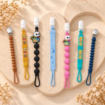 Custom One Piece Molded Silicone Pacifier Chain 3D Round Bead Strap Chunky Metal Clip...