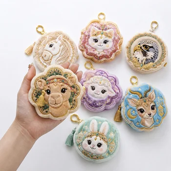 Kawaii Jeweled Plush Coin Purse Embroidered Animal Camel Rabbit Deer Falcon Zipper Keychain...
