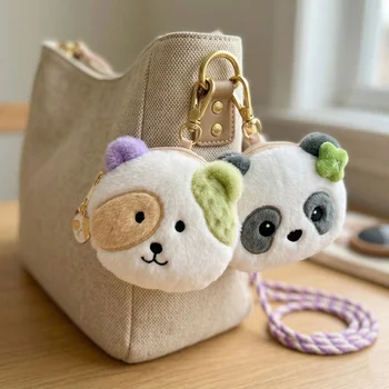 Cute Cartoon Bear Cat Panda Plush Coin Purse Mini Zipper Keychain Bag Charm Fluffy Gift for...