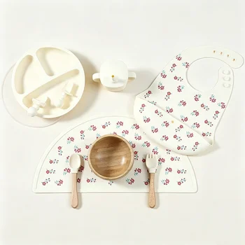 Custom BPA Free Silicone Suction Baby Feeding Set Bamboo Bowl Plate Fork Spoon Food Grade...