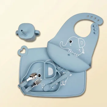 Cartoon Animal Elephant Crocodile Lion Rabbit Silicone Divided Plate Baby Feeding Set Easy...