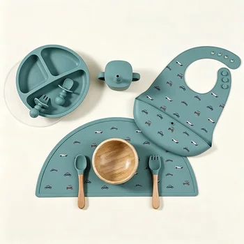 OEM ODM Wholesale BPA Free Silicone Children Tableware Set Strong Suction Bowl Plate Bib...