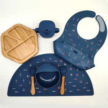 Custom BPA Free Food Grade Silicone Bamboo Kids Tableware Set Plate Bowl Bib Placemat Spoon...