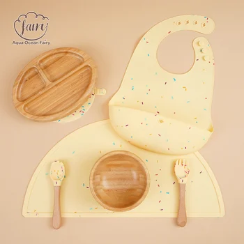 Sprinkle Solid Color Food Grade Silicone Bamboo Feeding Set Divided Plate Bowl Bib Placemat...