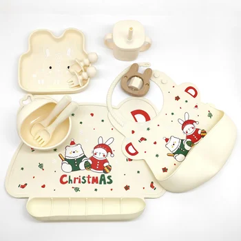 Christmas Cartoon Food Grade Silicone Baby Feeding Set Waterproof Bib Placemat Suction Bowl...