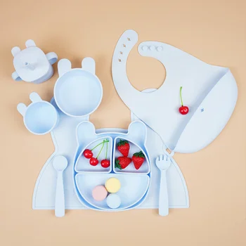 Food Grade Cartoon Cat Bear Rabbit Silicone Baby Feeding Set Custom Children's Tableware...