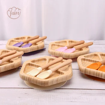 Food Grade Bamboo Wooden Children Tableware Set Silicone Spoon Fork Serving Plate Custom...
