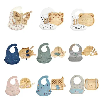 Food Grade Bamboo Wooden Animal Children Tableware Set Silicone Suction Bowl Feeding Plate...