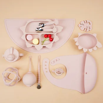 Food Grade Silicone 7 Pcs Baby Feeding Set With Bib Placemat Bowl Fork Spoon and Sippy Cup...
