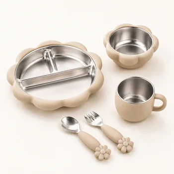 Flower Shaped Baby Feeding Bowl Plate Cup Set Stainless Steel Inner Silicone Outer Suction...