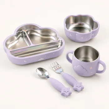 Cloud Themed Baby Feeding Bowl Plate Cup Set Stainless Steel Inner Silicone Outer Suction...