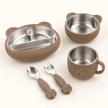 Bear Themed Baby Feeding Bowl Plate Cup Set Stainless Steel Inner Silicone Outer Suction...