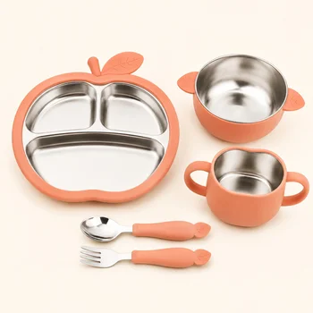 Apple Themed Baby Feeding Bowl Plate Cup Set Stainless Steel Inner Silicone Outer Suction...