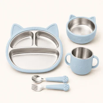 Blue Cat Themed Baby Feeding Bowl Plate Cup Set Stainless Steel Inner Silicone Outer...