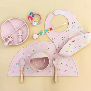 Rainbow Print Food Grade Silicone Baby Feeding Set With Divided Plate Bowl Bib Placemat...