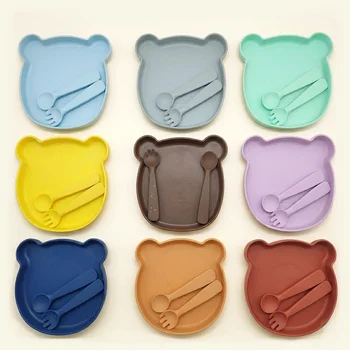 Cute Cat Rabbit Bear BPA Free Food Grade Silicone Divided Suction Plate Baby Feeding Set...