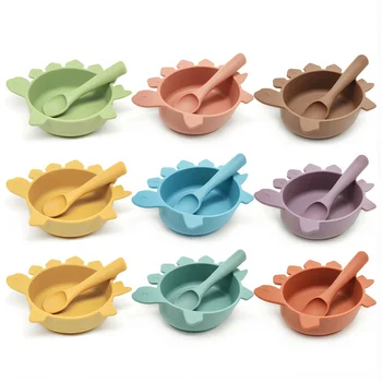 Cute Dinosaur BPA Free Food Grade Silicone Suction Bowl Baby Feeding Set Spoon Fork Custom...