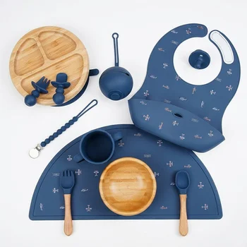 Custom BPA Free Food Grade Silicone Bamboo Tableware Set Suction Bowl Plate Bib Placemat...
