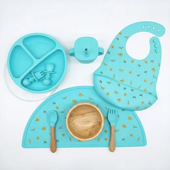 Custom Eco Friendly Silicone Baby Feeding Set Suction Bowl Plate Bib Spoon Fork Anti Slip...