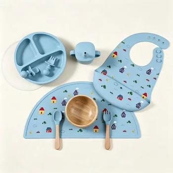 Custom Eco-friendly Children Tableware Set Silicone Suction Plate Bowl Bib Spoon Fork Baby...