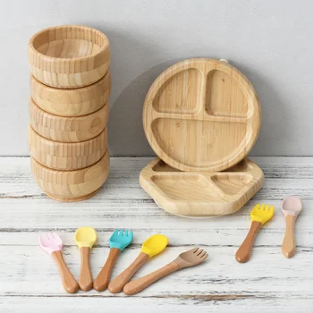 Factory Wholesale Private Label Bamboo Fiber Children Tableware Set Anti-slip Suction Plate...