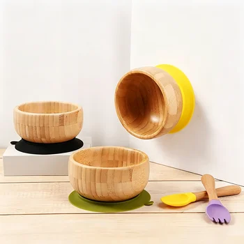 Wholesale Custom Eco-friendly Bamboo Children Tableware Food Grade Round Baby Feeding Bowl...